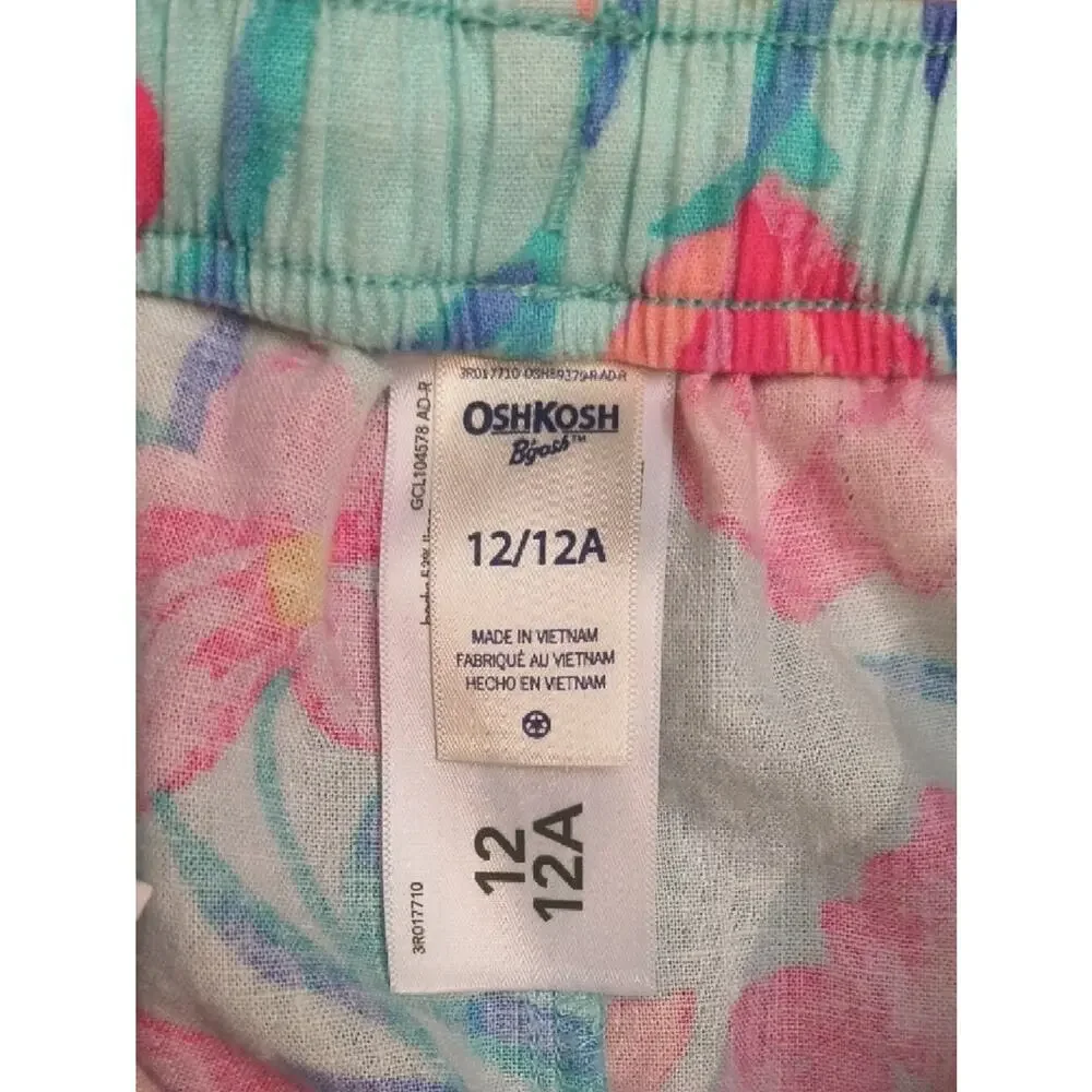 OshKosh B'gosh Aqua & Pink Floral Drawstring Linen Blend Shorts Size 12 GU
